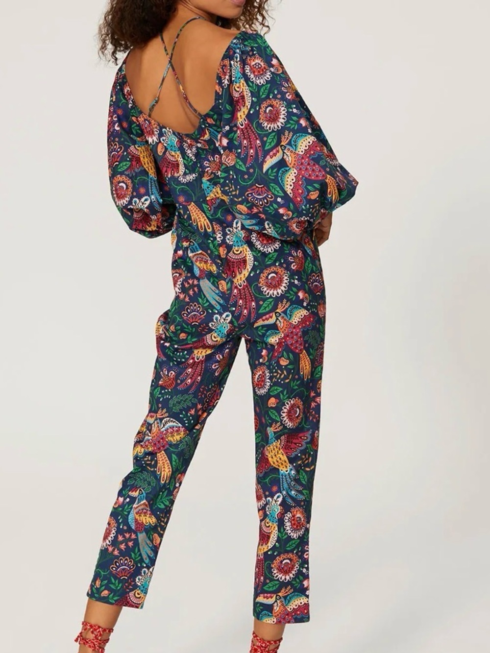 FARM Rio Navy Floral Print V-Neck Jumpsuit with Puff Sleeves - Picture 2 of 4